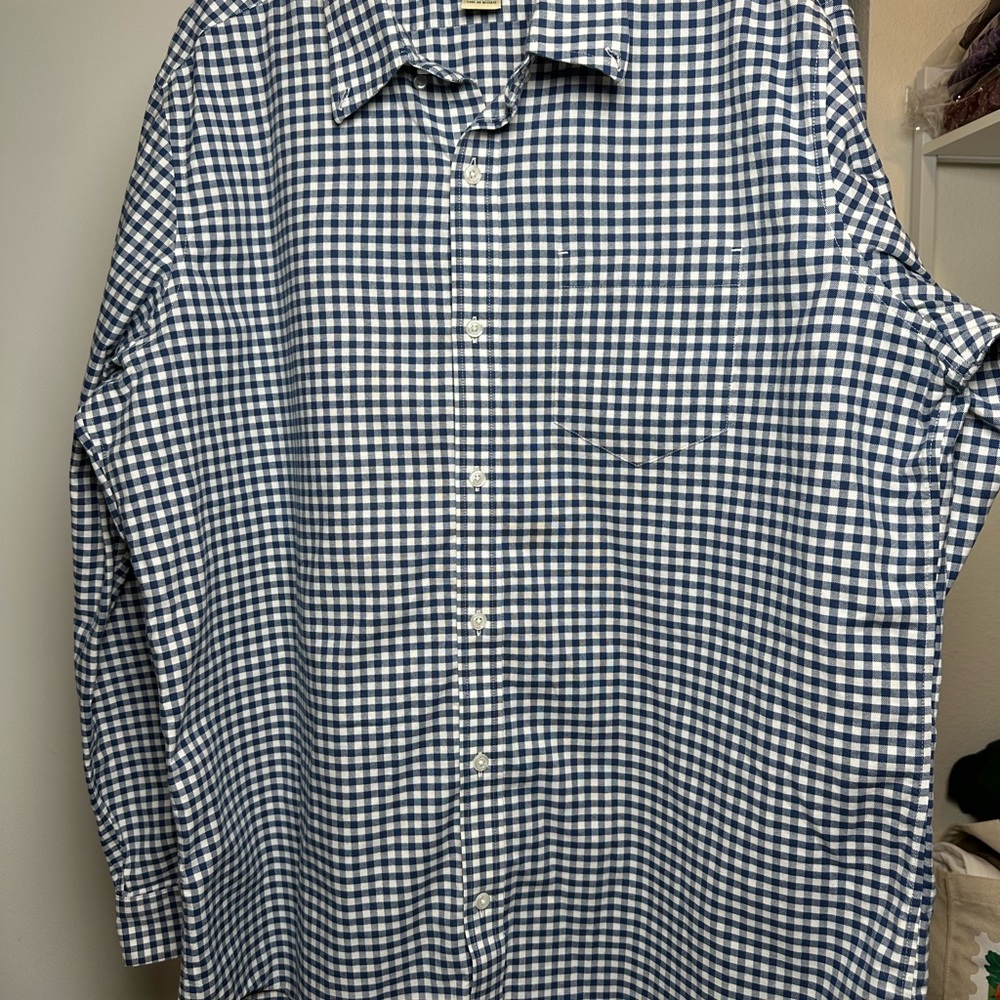 L.L. Bean Navy and White Gingham Men's Shirt Size:L